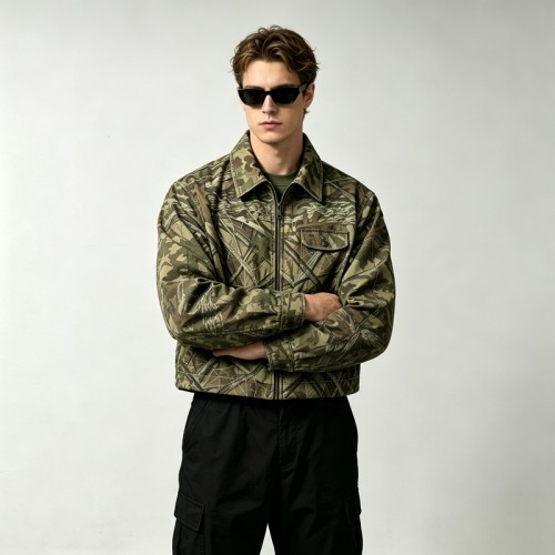 DTG Print Full Tree Leaf Camo Zip Front Canvas Jacket | 100% Heavyweight cotton twill workwear fabric | OEM Streetwear