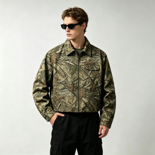 DTG Print Full Tree Leaf Camo Zip Front Canvas Jacket | 100% Heavyweight cotton twill workwear fabric | OEM Streetwear