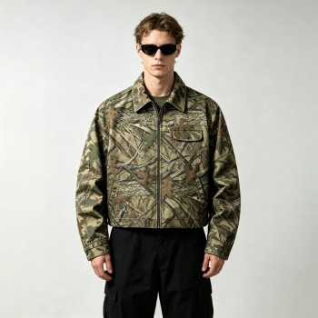 DTG Print Full Tree Leaf Camo Zip Front Canvas Jacket | 100% Heavyweight cotton twill workwear fabric | OEM Streetwear