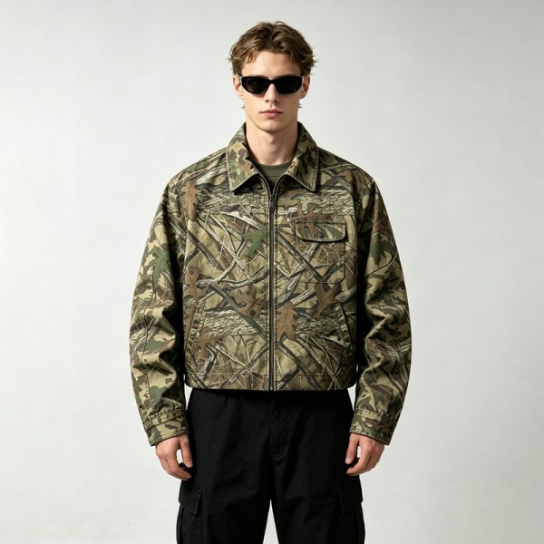 DTG Print Full Tree Leaf Camo Zip Front Canvas Jacket | 100% Heavyweight cotton twill workwear fabric | OEM Streetwear