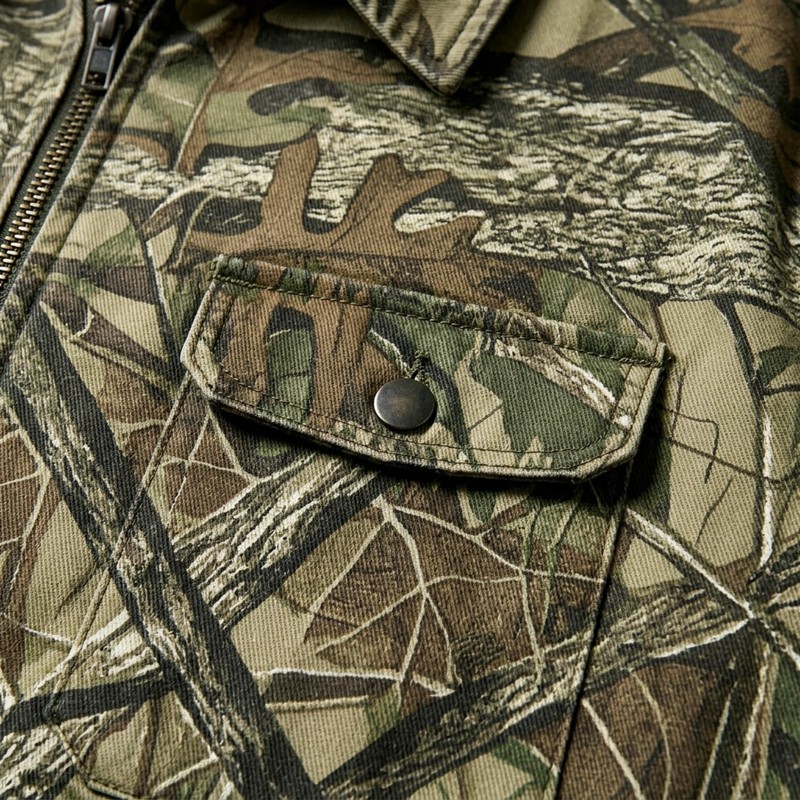 DTG Print Full Tree Leaf Camo Zip Front Canvas Jacket