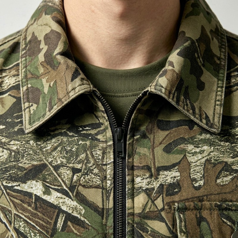 DTG Print Full Tree Leaf Camo Zip Front Canvas Jacket