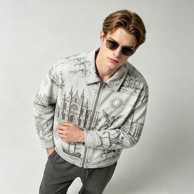 DTG Print Gothic Architecture Ship Zip Canvas Jacket | 100% Heavyweight cotton twill canvas | Clothing Manufacturer