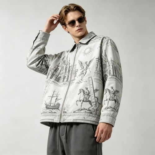 DTG Print Gothic Architecture Ship Zip Canvas Jacket | 100% Heavyweight cotton twill canvas | Clothing Manufacturer