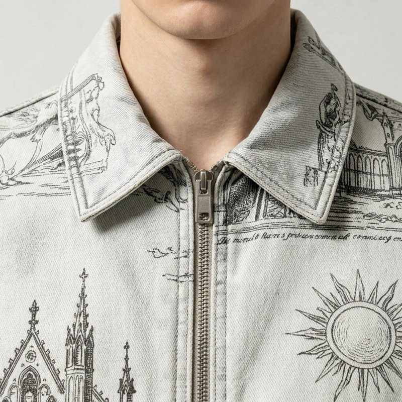 DTG Print Gothic Architecture Ship Zip Canvas Jacket