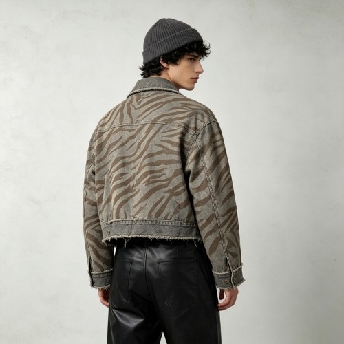 DTG and Screen Print Zebra Stripe Cropped Canvas Jacket | Distressed Raw Edge Zip Up | OEM Streetwear