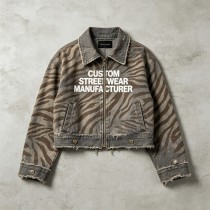 DTG and Screen Print Zebra Stripe Cropped Canvas Jacket | Distressed Raw Edge Zip Up | OEM Streetwear