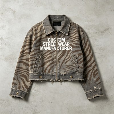 DTG and Screen Print Zebra Stripe Cropped Canvas Jacket | Distressed Raw Edge Zip Up | OEM Streetwear