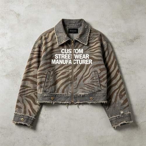 DTG and Screen Print Zebra Stripe Cropped Canvas Jacket | Distressed Raw Edge Zip Up | OEM Streetwear