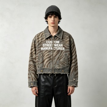 DTG and Screen Print Zebra Stripe Cropped Canvas Jacket | Distressed Raw Edge Zip Up | OEM Streetwear