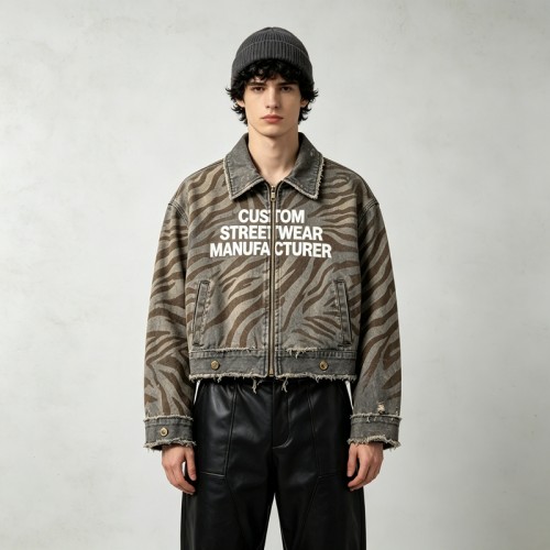 DTG and Screen Print Zebra Stripe Cropped Canvas Jacket | Distressed Raw Edge Zip Up | OEM Streetwear