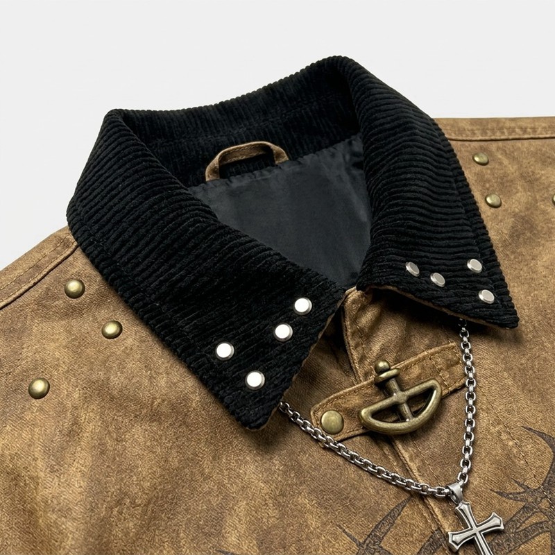 Garment dyed Screen Print Rivet Cropped Canvas Jacket