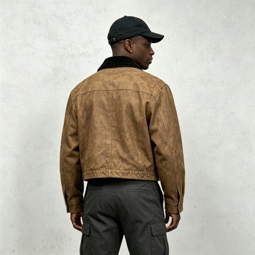 Garment dyed Screen Print Rivet Cropped Canvas Jacket | Western Gothic Street Outerwear | Custom Streetwear