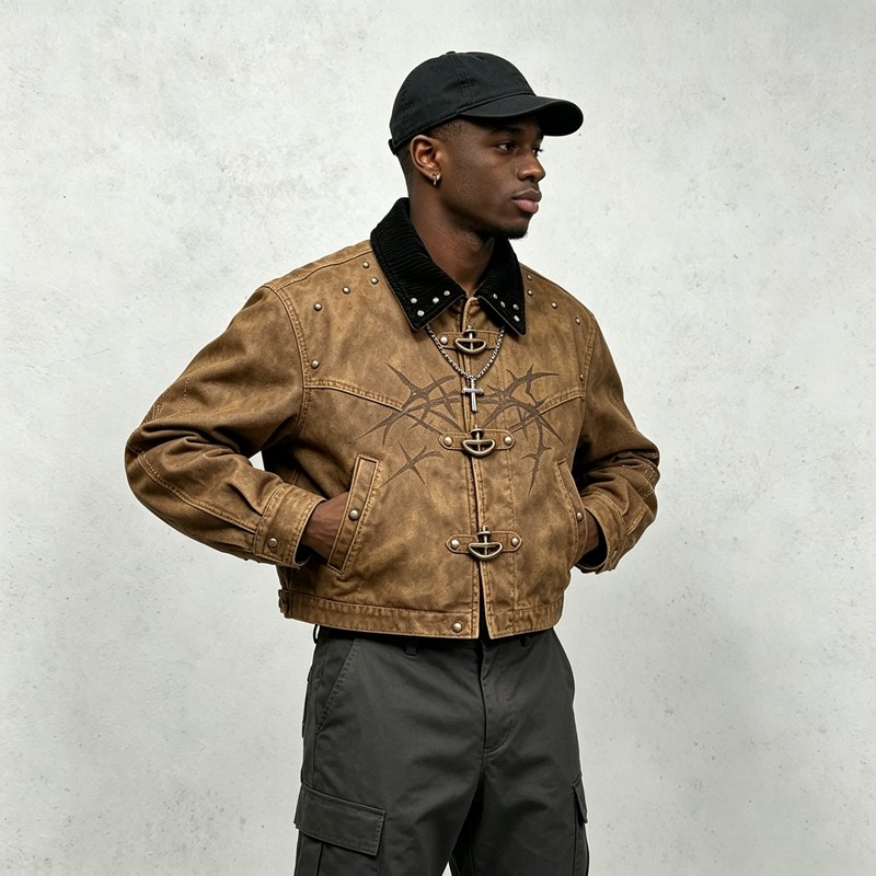 Garment dyed Screen Print Rivet Cropped Canvas Jacket