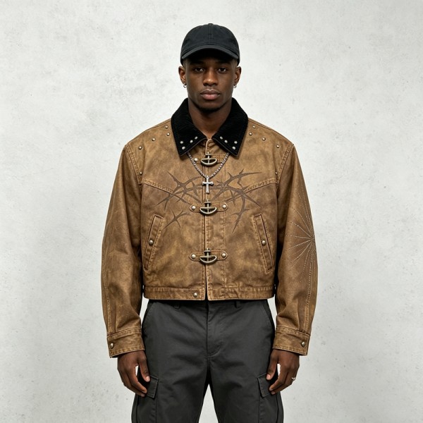 Garment dyed Screen Print Rivet Cropped Canvas Jacket | Western Gothic Street Outerwear | Custom Streetwear