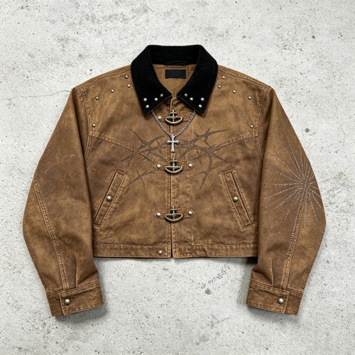 Garment dyed Screen Print Rivet Cropped Canvas Jacket | Western Gothic Street Outerwear | Custom Streetwear
