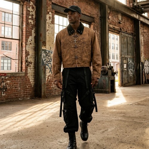 Garment dyed Screen Print Rivet Cropped Canvas Jacket | Western Gothic Street Outerwear | Custom Streetwear