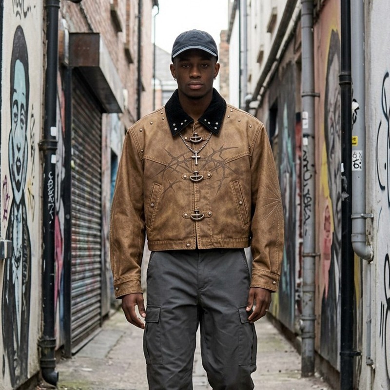 Garment dyed Screen Print Rivet Cropped Canvas Jacket