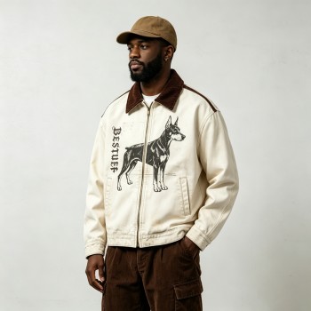 Canvas Jacket With Doberman Print | Heavy Canvas Corduroy Collar | Daily Streetwear | Custom Streetwear