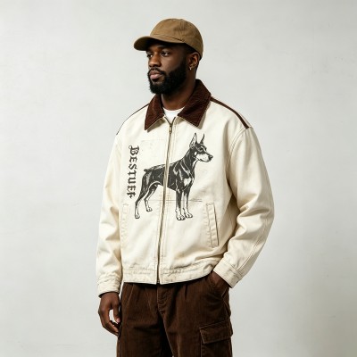 Canvas Jacket With Doberman Print | Heavy Canvas Corduroy Collar | Daily Streetwear | Custom Streetwear
