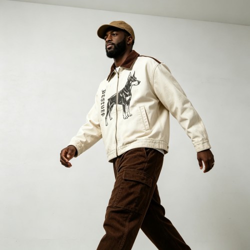 Canvas Jacket With Doberman Print | Heavy Canvas Corduroy Collar | Daily Streetwear | Custom Streetwear