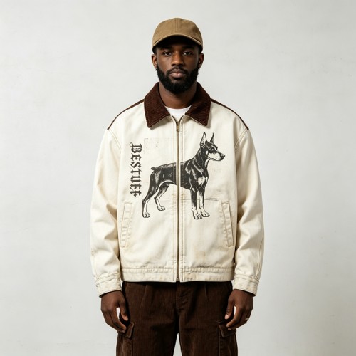 Canvas Jacket With Doberman Print | Heavy Canvas Corduroy Collar | Daily Streetwear | Custom Streetwear