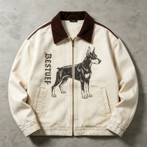 Canvas Jacket With Doberman Print | Heavy Canvas Corduroy Collar | Daily Streetwear | Custom Streetwear
