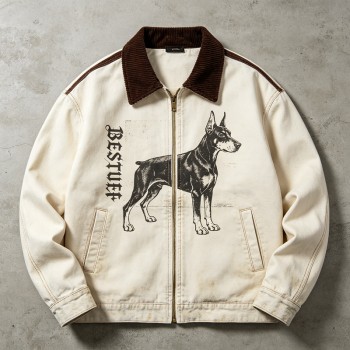 Canvas Jacket With Doberman Print | Heavy Canvas Corduroy Collar | Daily Streetwear | Custom Streetwear