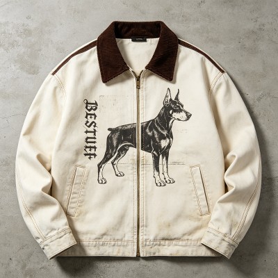 Canvas Jacket With Doberman Print | Heavy Canvas Corduroy Collar | Daily Streetwear | Custom Streetwear