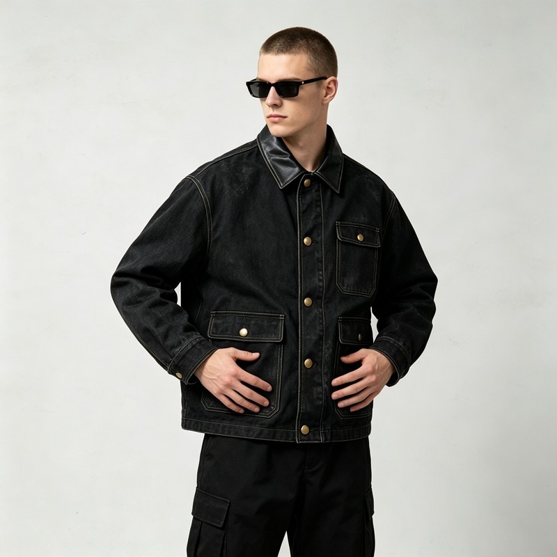 Leather Collar Multi Pocket Canvas Jacket 