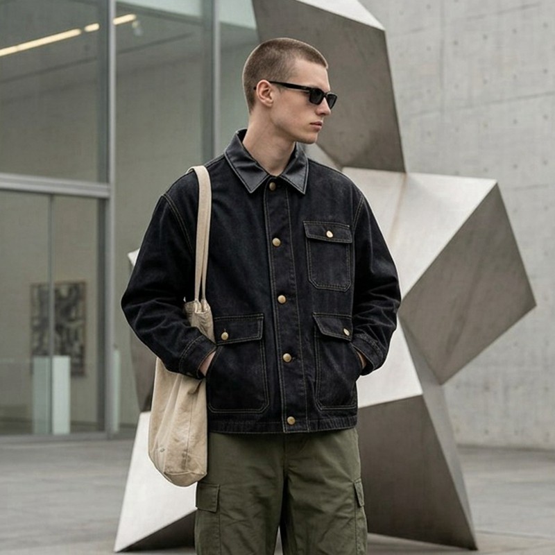 Leather Collar Multi Pocket Canvas Jacket 