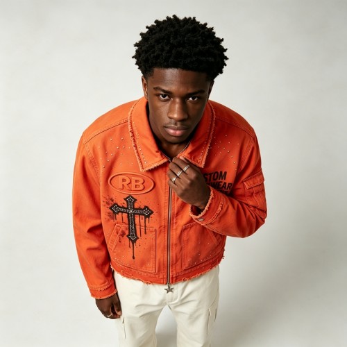 Washed 3D Embroidery Rhinestone DTG Print Cropped Canvas Jacket | Star Zip Gothic Cross Street Outerwear | OEM Streetwear