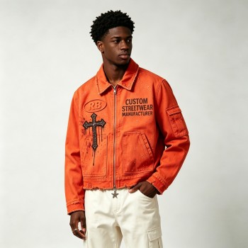 Washed 3D Embroidery Rhinestone DTG Print Cropped Canvas Jacket | Star Zip Gothic Cross Street Outerwear | OEM Streetwear