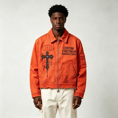 Washed 3D Embroidery Rhinestone DTG Print Cropped Canvas Jacket | Star Zip Gothic Cross Street Outerwear | OEM Streetwear