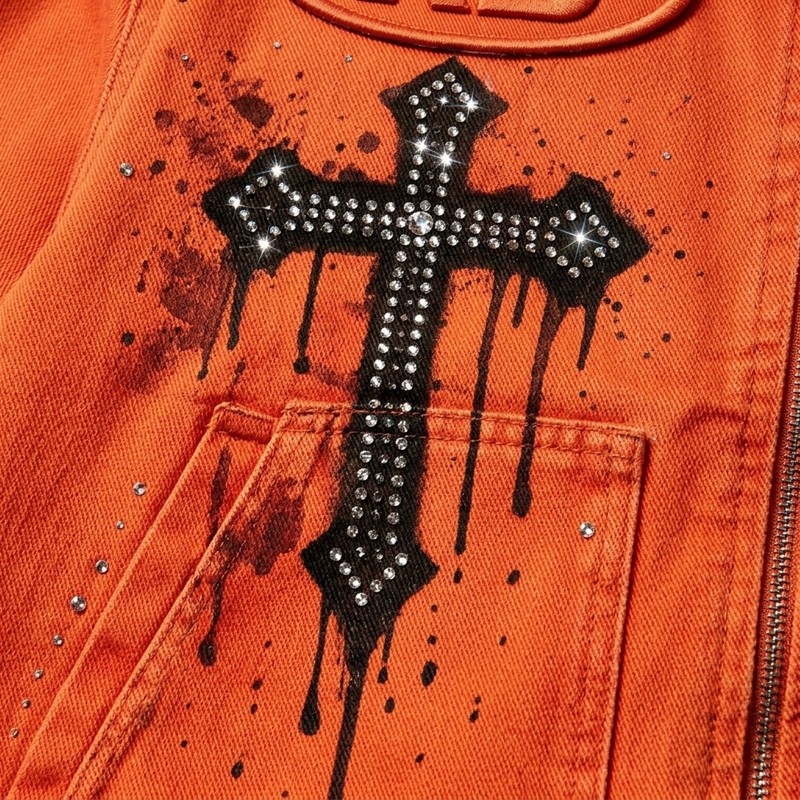Washed 3D Embroidery Rhinestone DTG Print Cropped Canvas Jacket