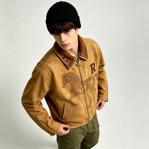 DTG Horse Print Towel Embroidery Rhinestone Canvas Jacket | Cotton Twill Star Zip Jacket | Streetwear Manufacturer