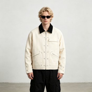 Canvas Jacket With Corduroy Collar | Metal Snap Button Daily Street Outfit | Custom Streetwear Manufacturer