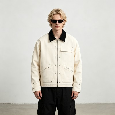 Canvas Jacket With Corduroy Collar | Metal Snap Button Daily Street Outfit | Custom Streetwear Manufacturer