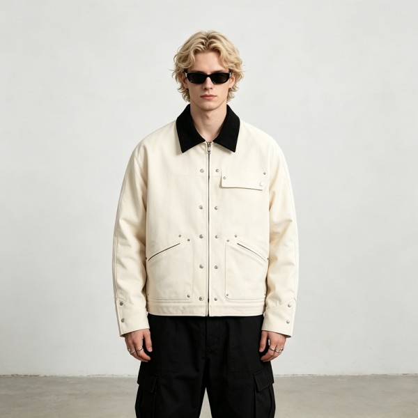 Canvas Jacket With Corduroy Collar | Metal Snap Button Daily Street Outfit | Custom Streetwear Manufacturer