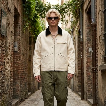 Canvas Jacket With Corduroy Collar | Metal Snap Button Daily Street Outfit | Custom Streetwear Manufacturer