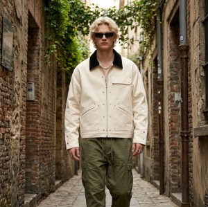 Canvas Jacket With Corduroy Collar | Metal Snap Button Daily Street Outfit | Custom Streetwear Manufacturer