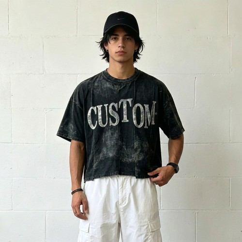 Vintage Washed Crack Print Crop T-Shirt | 100% Cotton Oversize Cropped Fit | Custom Streetwear Manufacturer