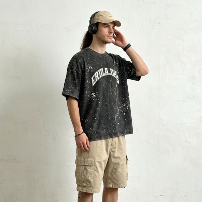Vintage Crack Print Splash Ink Washed T-shirt | 100% Cotton Oversized Fit | Daily Street Urban Wear | OEM Streetwear