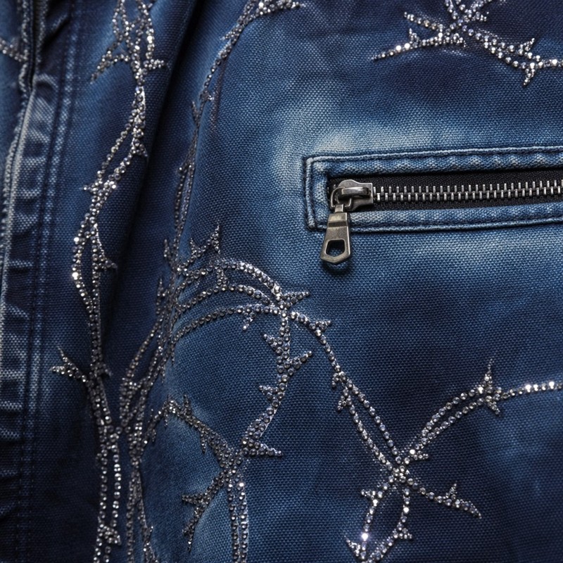 Washed Sun Faded Rhinestone Embroidery DTG Print Canvas Jacket