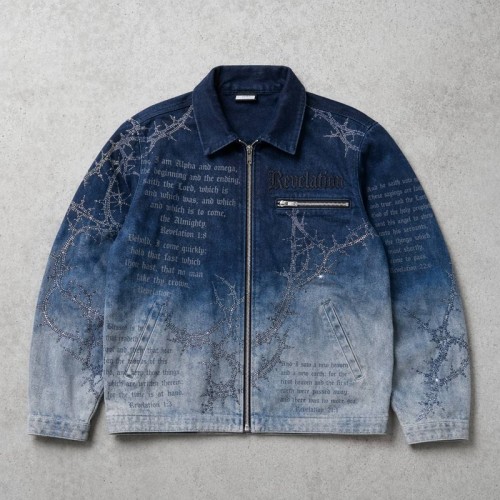 Washed Sun Faded Rhinestone Embroidery DTG Print Canvas Jacket | Cotton Canvas Zip Oversized Fit | OEM Streetwear