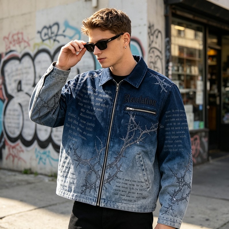 Washed Sun Faded Rhinestone Embroidery DTG Print Canvas Jacket