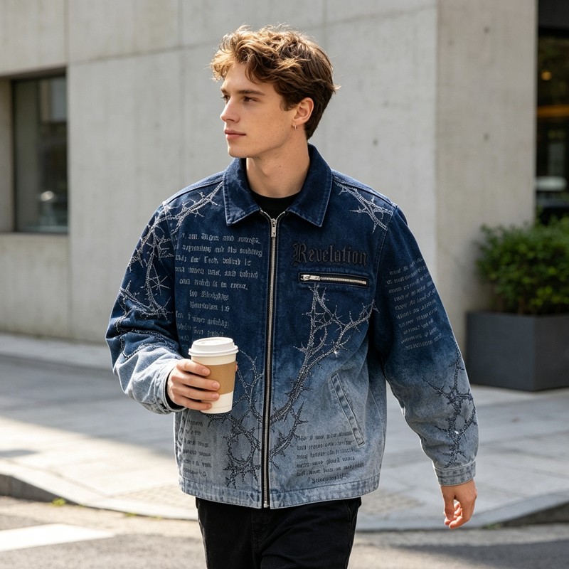 Washed Sun Faded Rhinestone Embroidery DTG Print Canvas Jacket