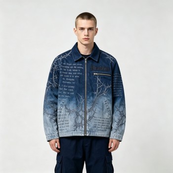 Washed Sun Faded Rhinestone Embroidery DTG Print Canvas Jacket | Cotton Canvas Zip Oversized Fit | OEM Streetwear