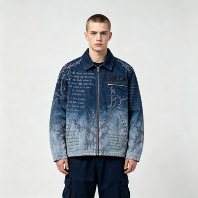 Washed Sun Faded Rhinestone Embroidery DTG Print Canvas Jacket | Cotton Canvas Zip Oversized Fit | OEM Streetwear