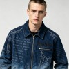 Washed Sun Faded Rhinestone Embroidery DTG Print Canvas Jacket | Cotton Canvas Zip Oversized Fit | OEM Streetwear